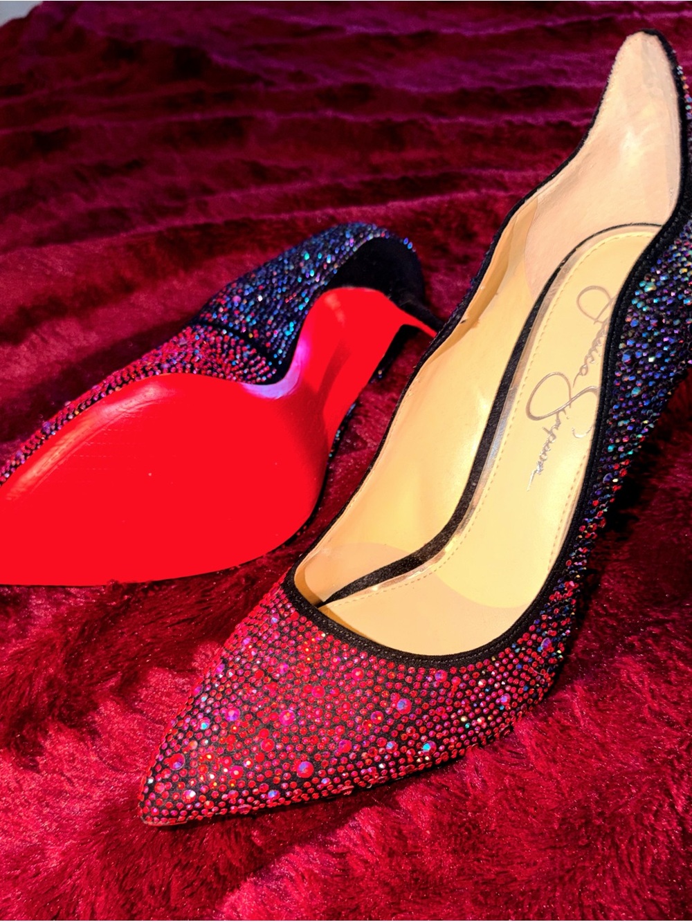 Jessica Simpson Red/Pink and Blue with Red Bottoms, Embellished Stiletto Heels - Picture 11 of 11
